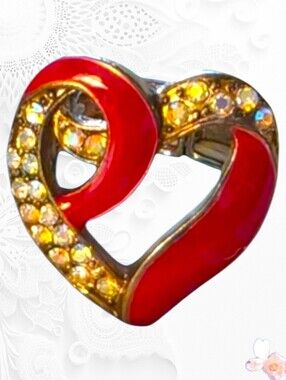 Enamel Heart Swirl Stretch Ring Red & AB Crystal Gold Tone 122
